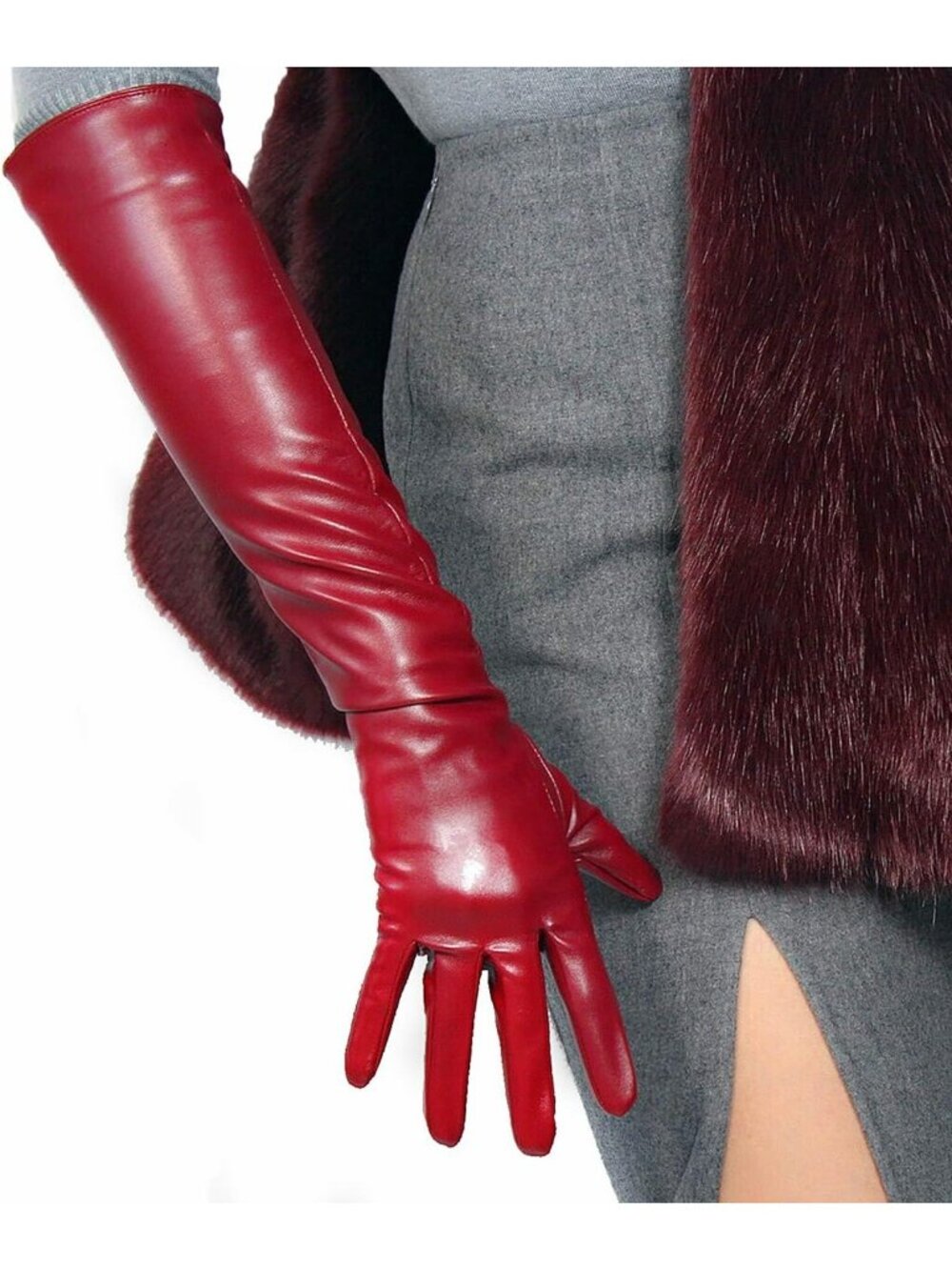 Women's Burgundy Over Elbow Winter Full Finger For Halloween Long Leather Gloves